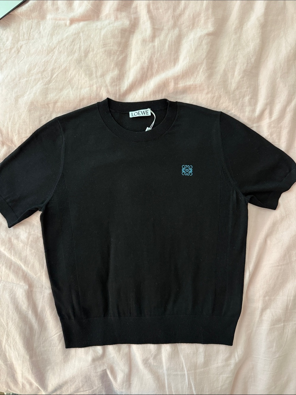 Loewe Black Short-Sleeve Knit Sweater with Blue Anagram